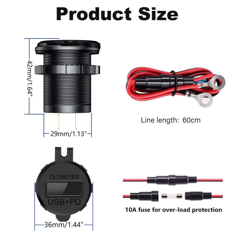 Bluejw 45W Super Fast Car Charger, Dual USB-C PD & QC 3.0 Ports, Digital Voltmeter, On/Off Switch, 12V/24V Automobile/Ship Charger - Image 3